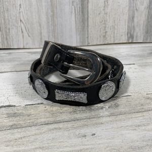 Don Cuco's Boots Black Leather Belt Rodeo Belt Silver Metal Emblems Accents